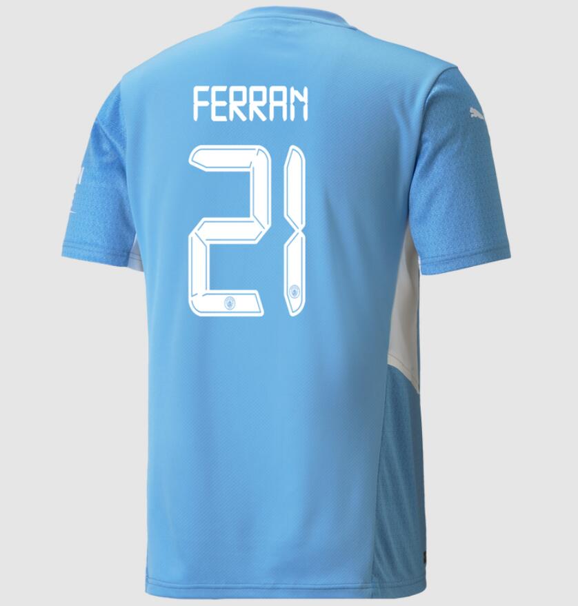 2021/22 Manchester City Home Kit Soccer Jersey with Ferran Torres 21 UCL printing